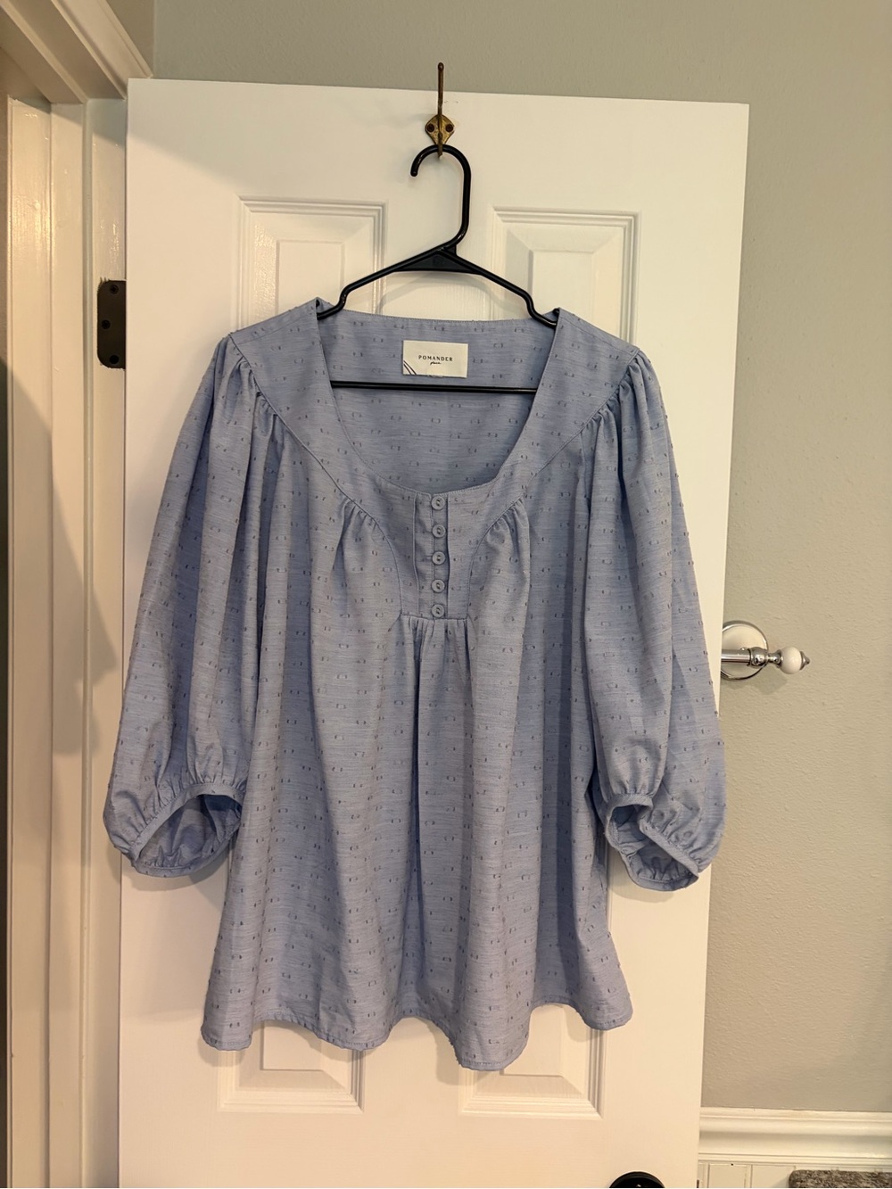 Pomander Place Tuckernuck Chambray Puff Sleeve Blouse XXL